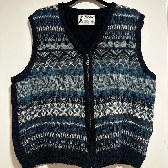 VTG 70’s/80’s Floss Women’s Wool Vest Full Zip. Geometric Blue Fair Isle Pattern - Picture 1 of 10